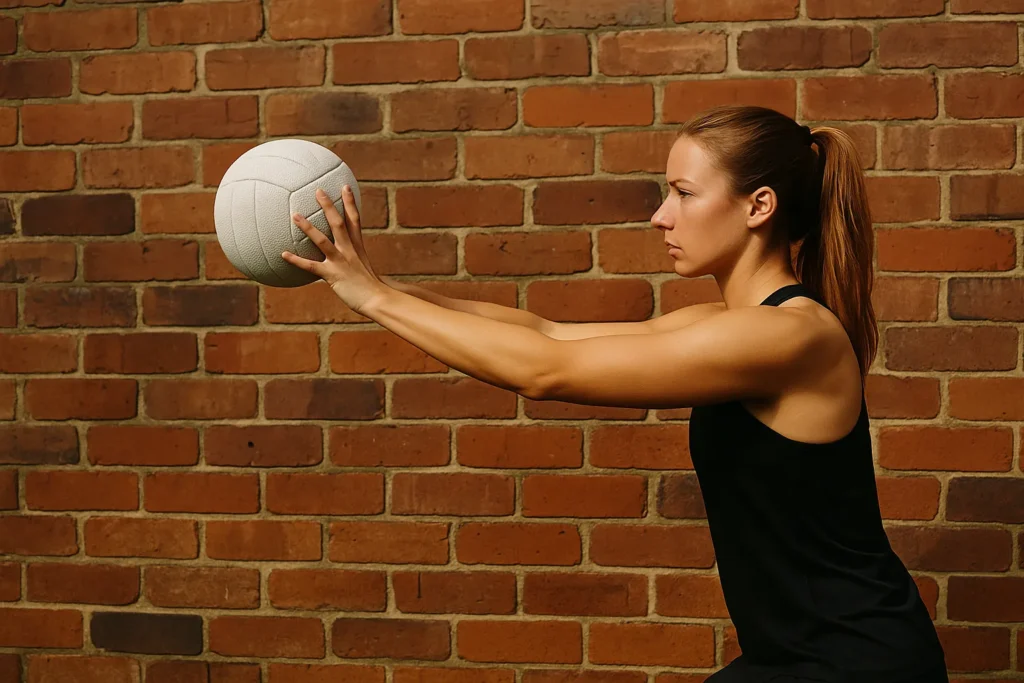 Side view of a netball player passing to a wall during training