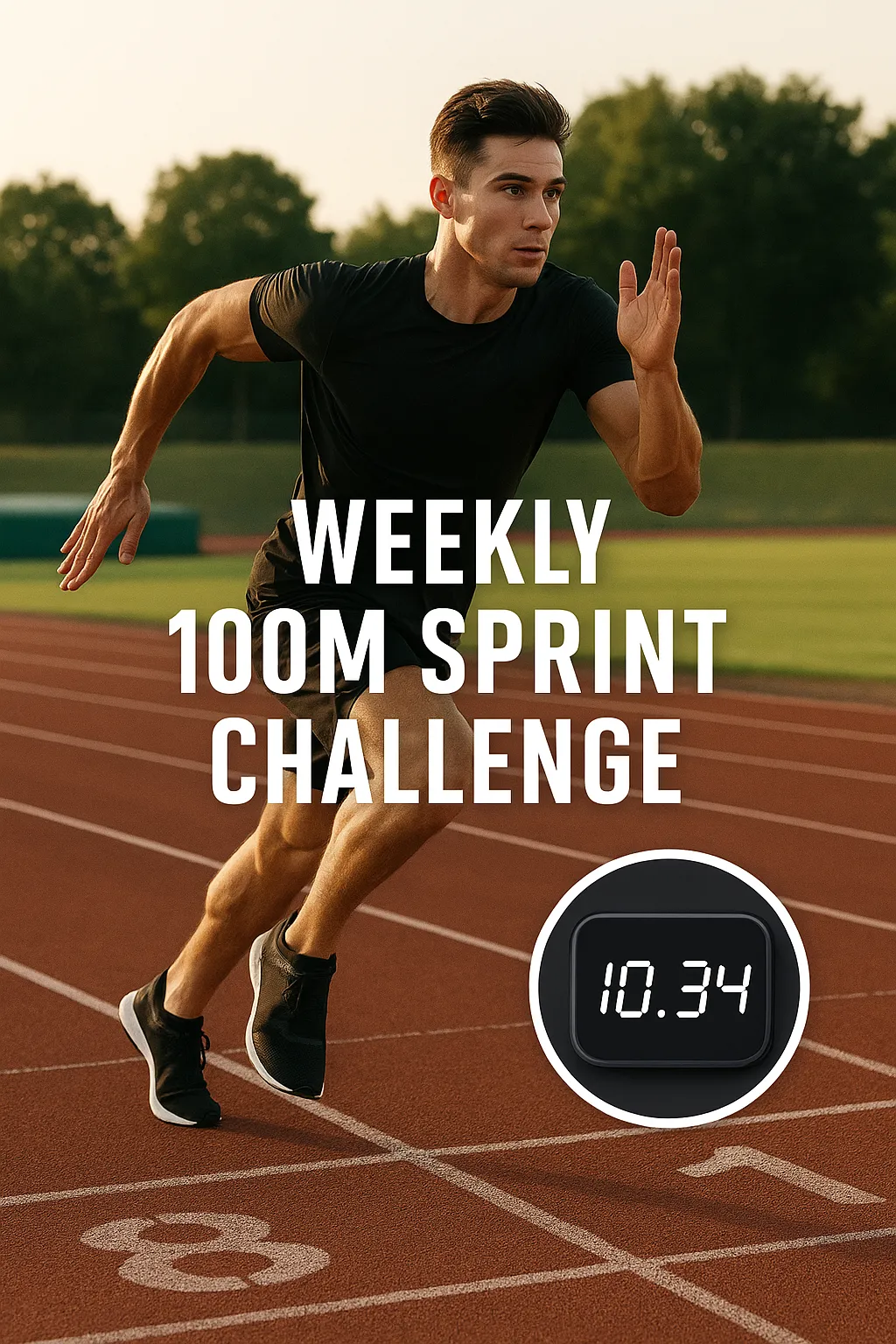 Athlete sprinting mid-stride on a track with stopwatch overlay — text-Weekly 100m Sprint Challenge