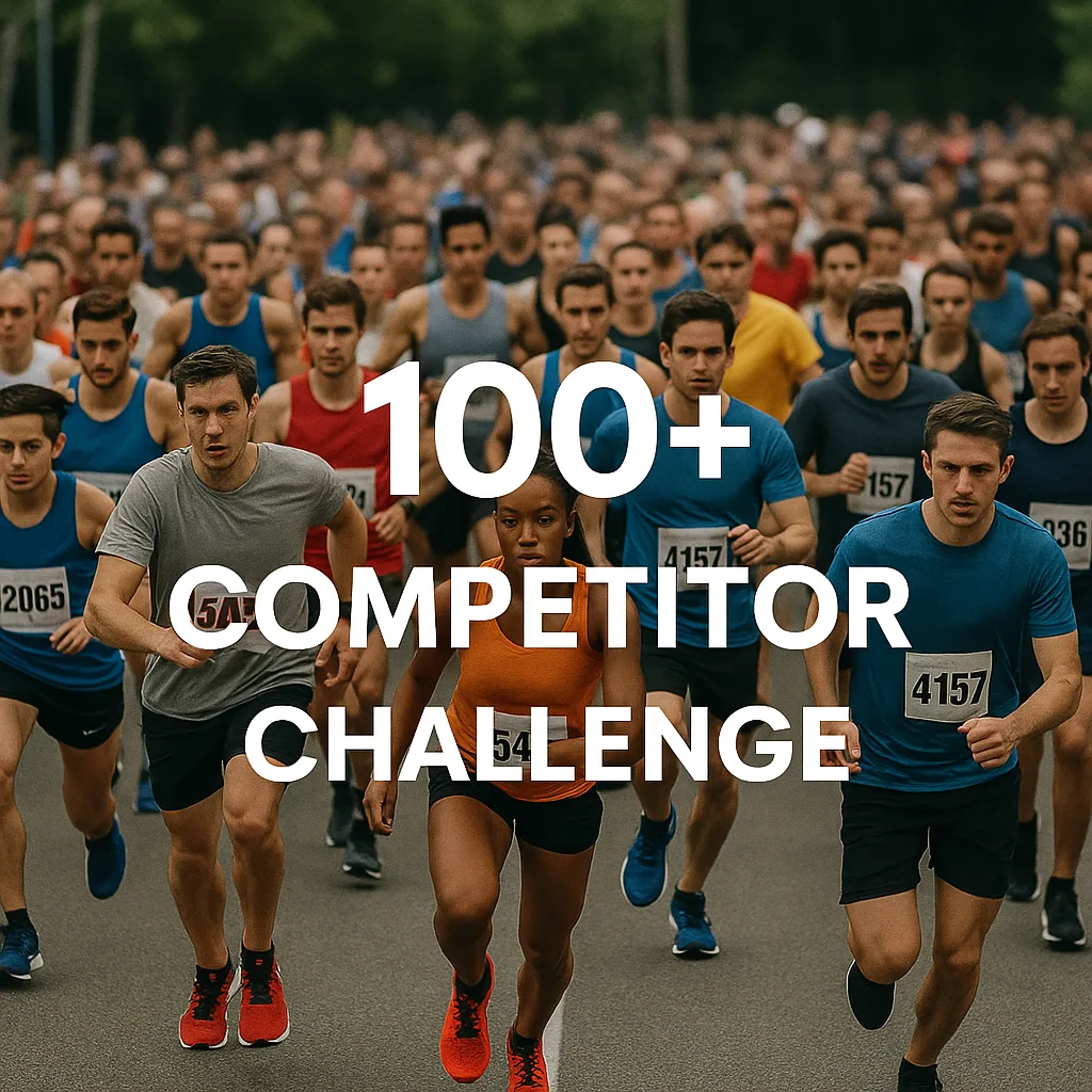 Crowd of athletes at the start of a race or event — overlay text-100+ Competitor Challenge