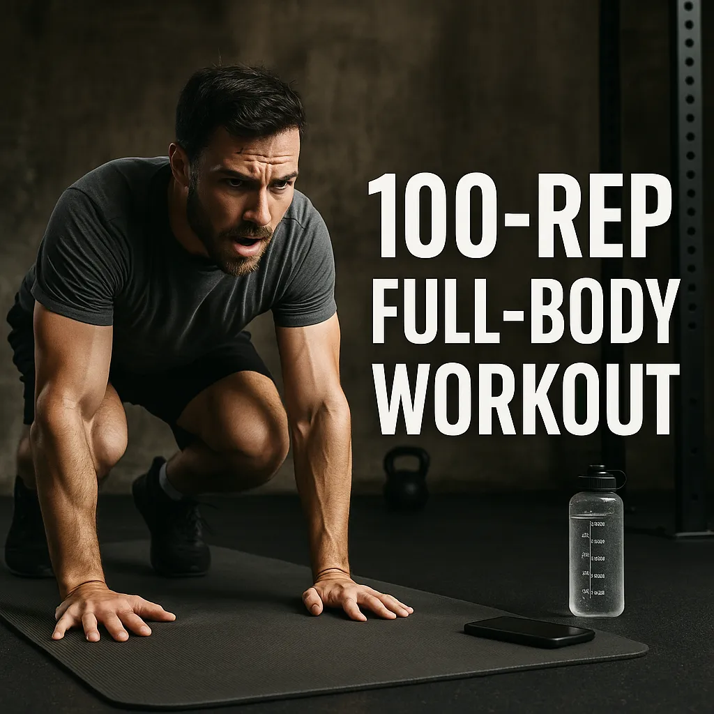 Athlete mid-burpee or mid-squat in a gritty gym setting — overlay text-100-Rep Full-Body Workout