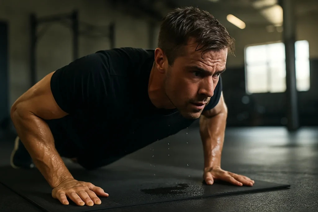 Mid-set photo of athlete doing push-ups, dripping in sweat