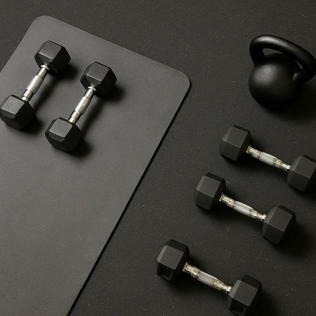 Overhead view of dumbbells, kettlebell, and mat laid out for a circuit