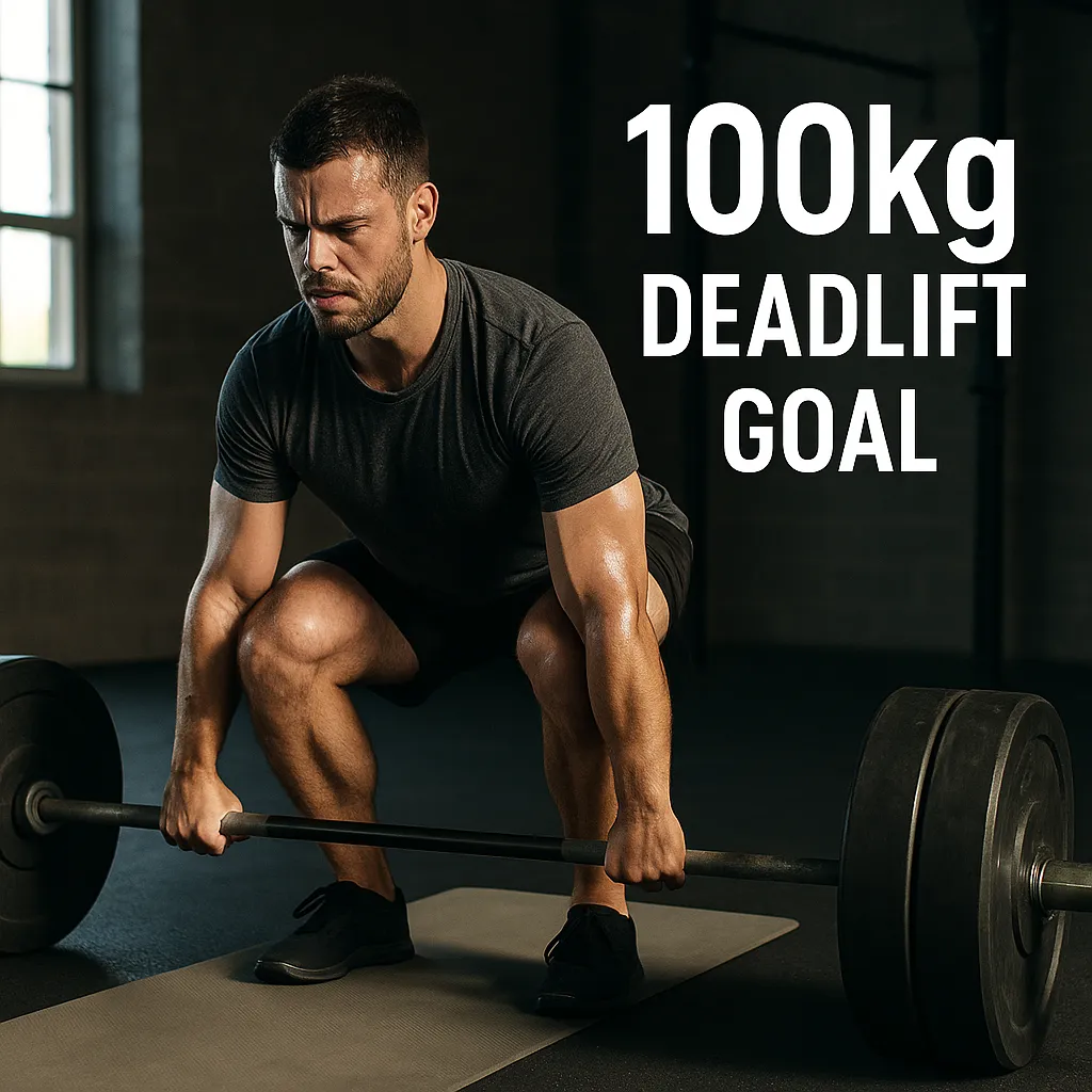 Athlete mid-deadlift with a barbell loaded to 100kg — overlay text-100kg Deadlift Goal