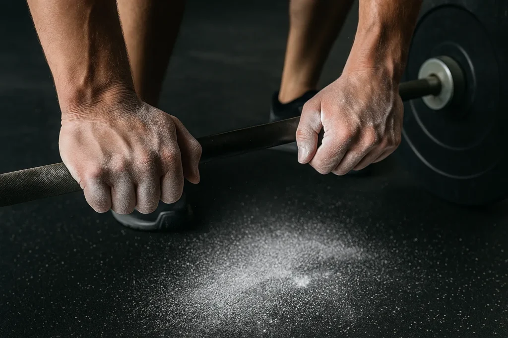 Close-up of hands gripping barbell with chalk