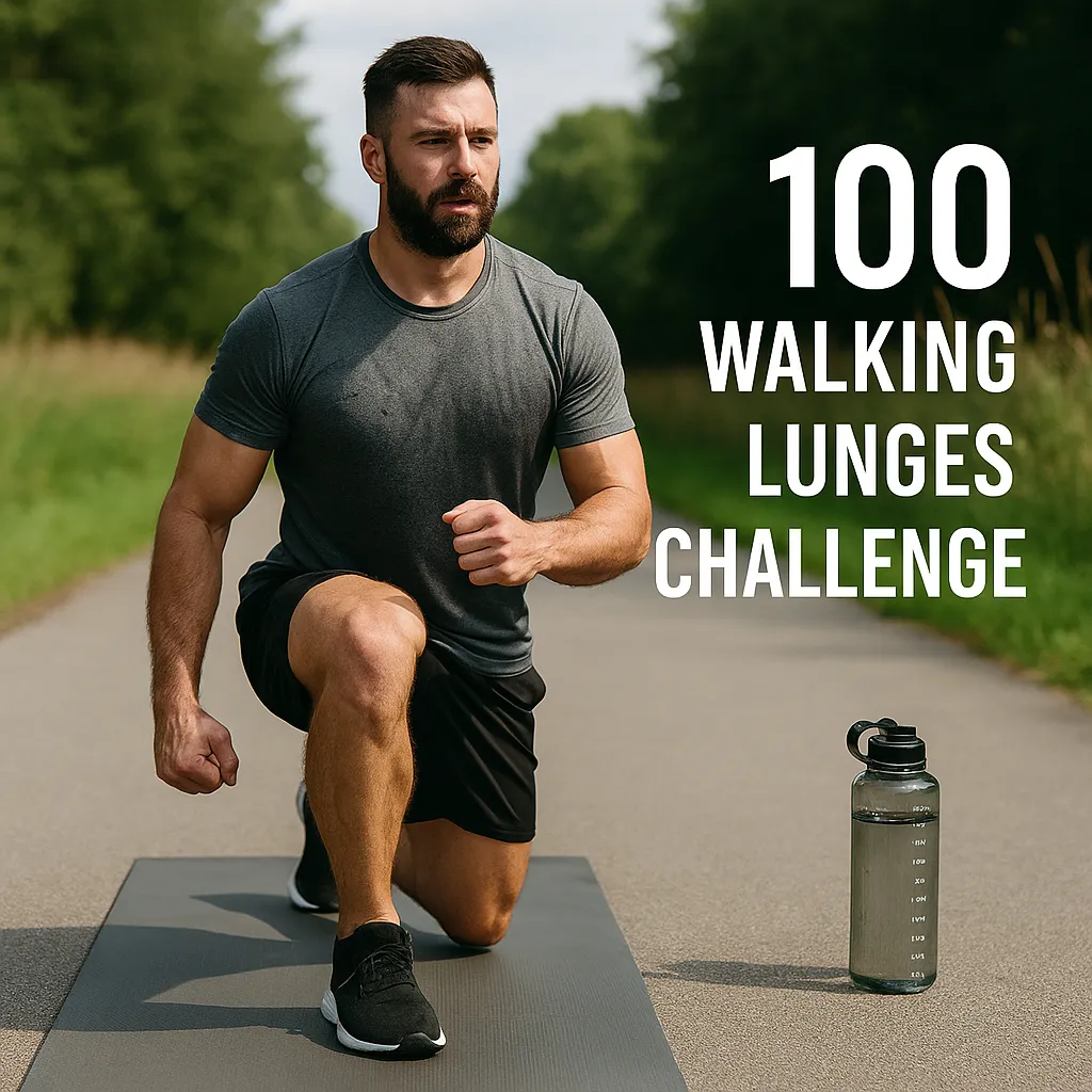 Athlete mid-walking lunge on an outdoor path — overlay text-100 Walking Lunges Challenge