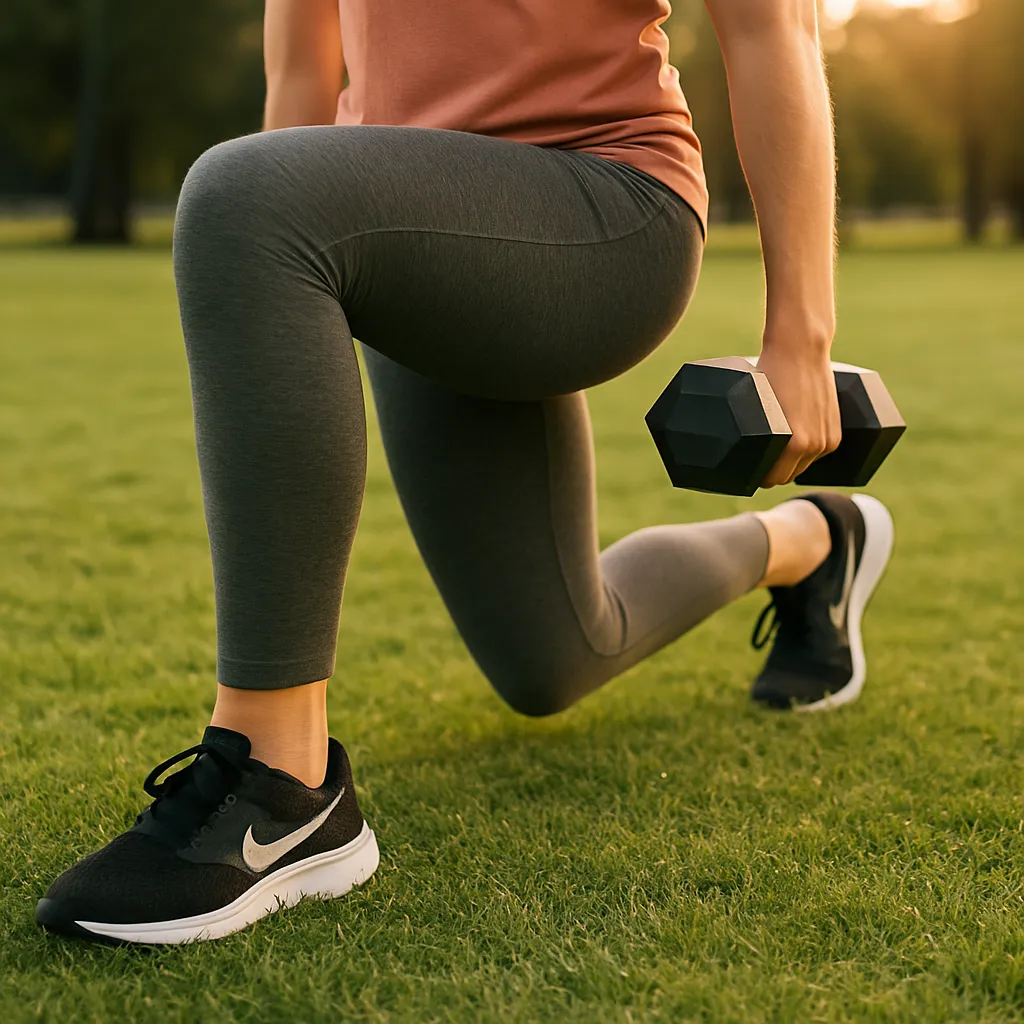 Close-up of lunging legs with athletic shoes on grass or track