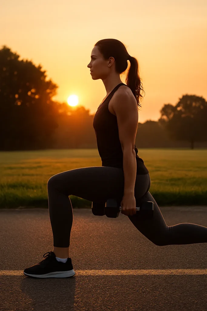 Side view of person lunging with dumbbells at sunrise