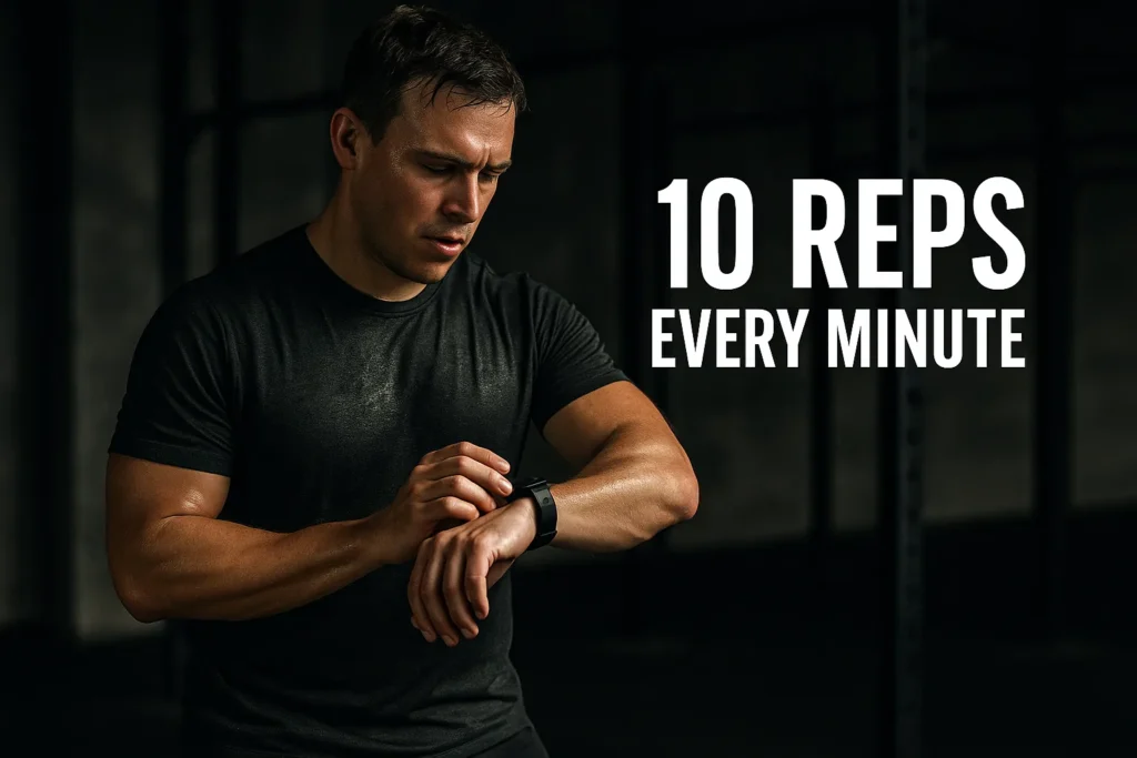 Athlete checking watch mid-workout in a gritty gym — overlay text-10 Reps Every Minute