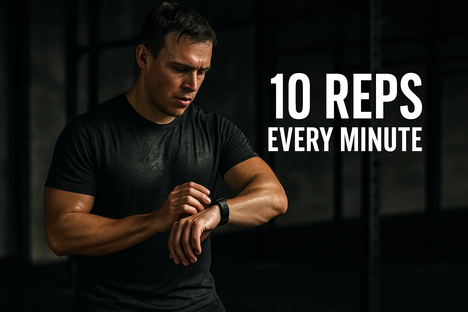 Athlete checking watch mid-workout in a gritty gym — overlay text-10 Reps Every Minute