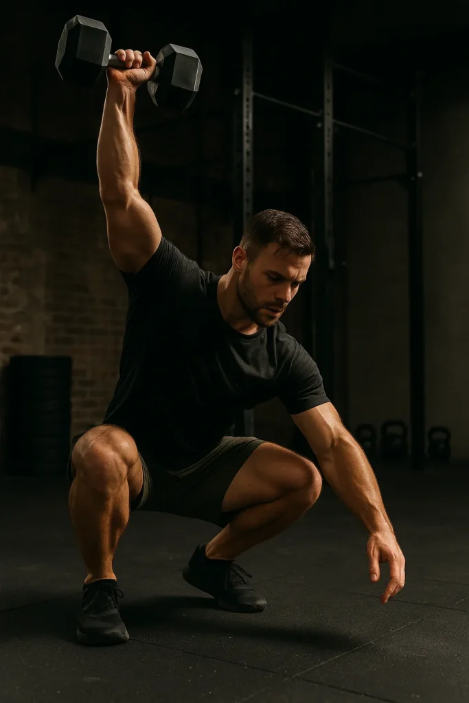 Athlete mid-burpee or dumbbell snatch in a functional gym setting