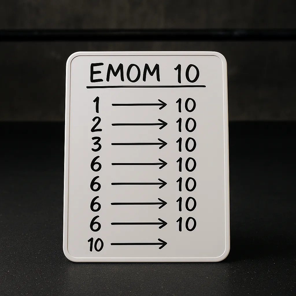 Timer or whiteboard showing EMOM breakdown