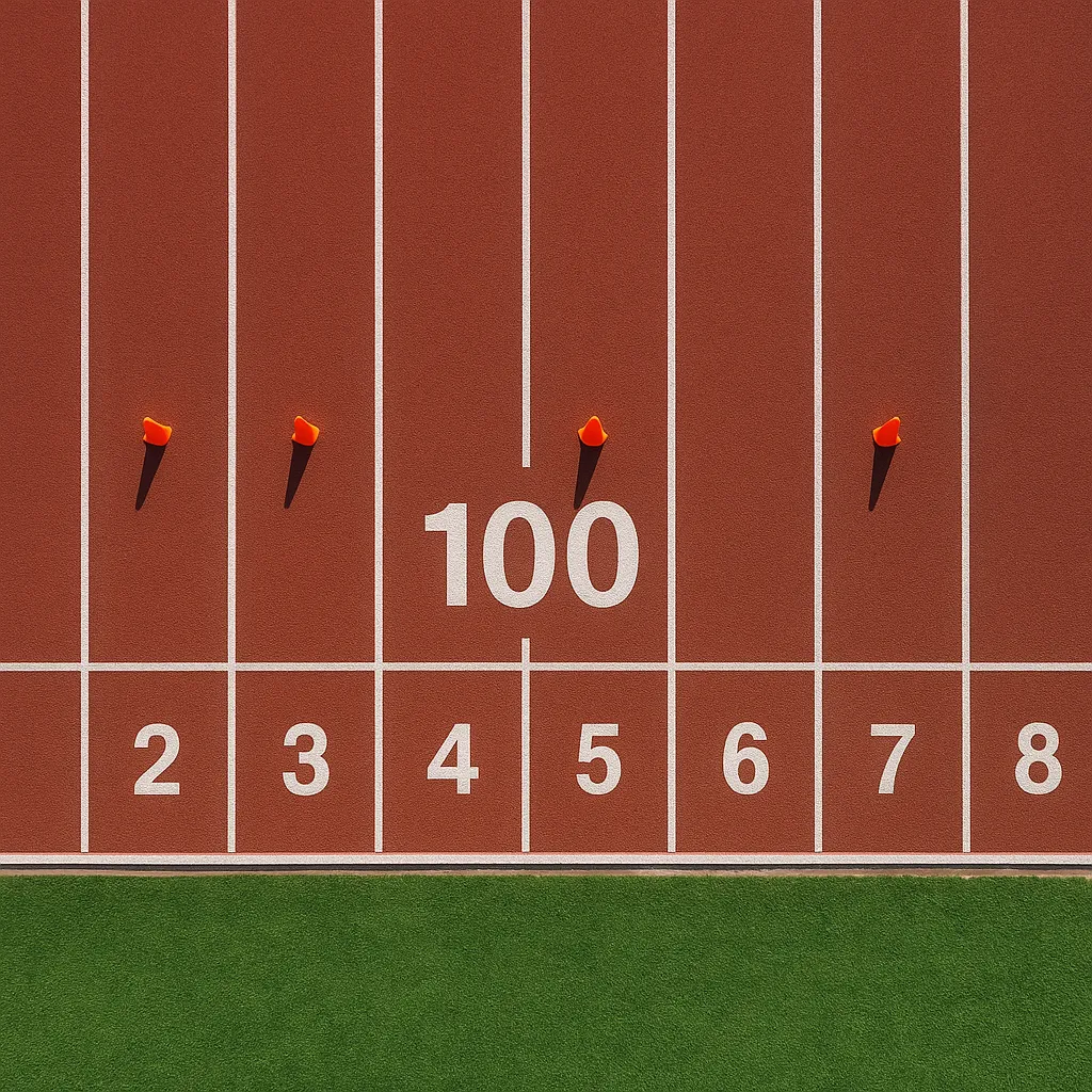 Aerial view of track lanes showing 100m distance with cones or markers