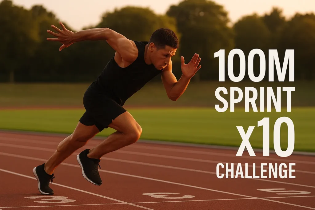 Athlete exploding off the sprint start line on a track — overlay text-100m Sprint x10 Challenge