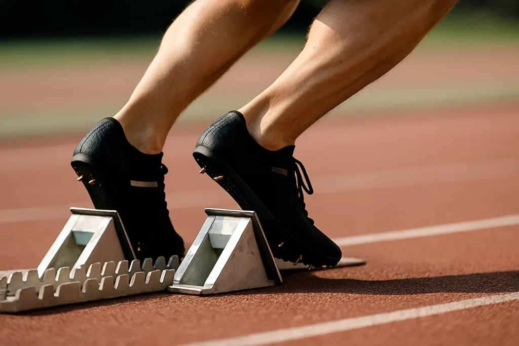 Close-up of running spikes on the start blocks