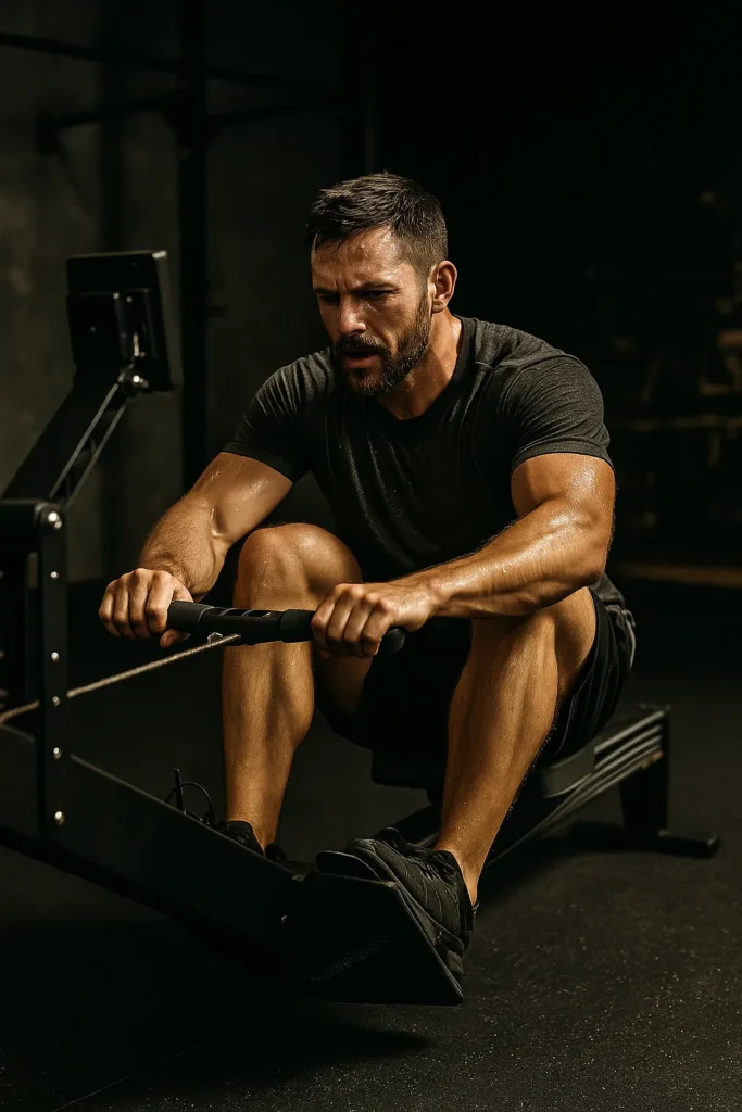 Athlete rowing, visible sweat, laser-focused in gritty gym
