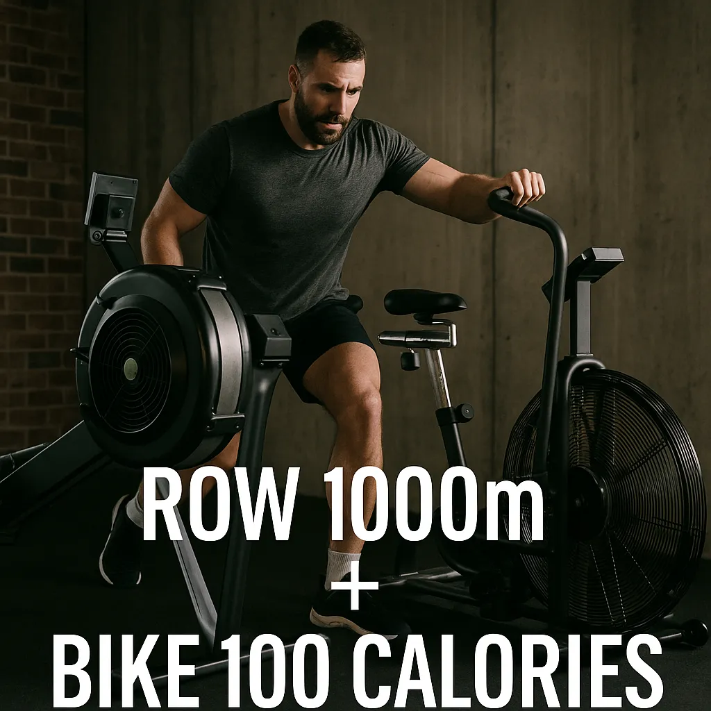 Athlete transitioning from a rowing machine to an air bike — overlay text-Row 1000m + Bike 100 Calories