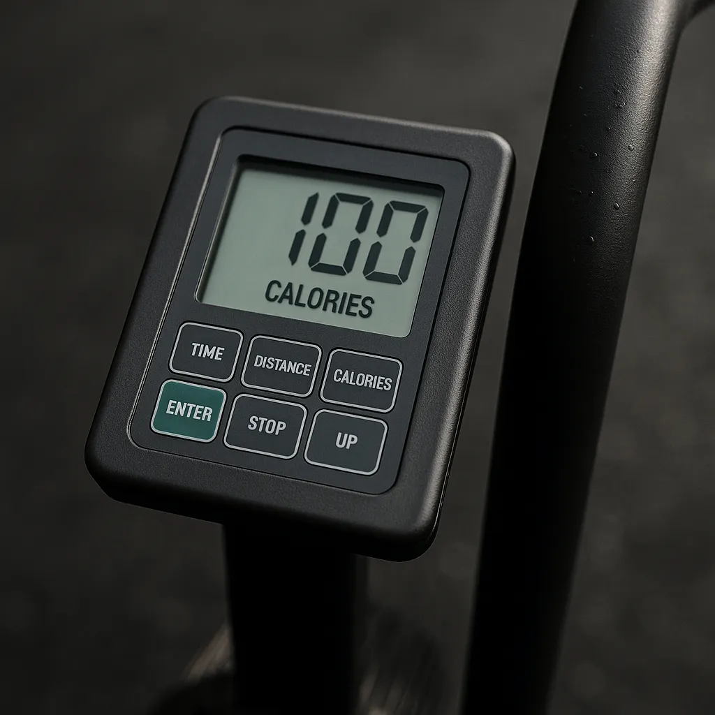 Digital display showing 100 calories burned on an assault bike