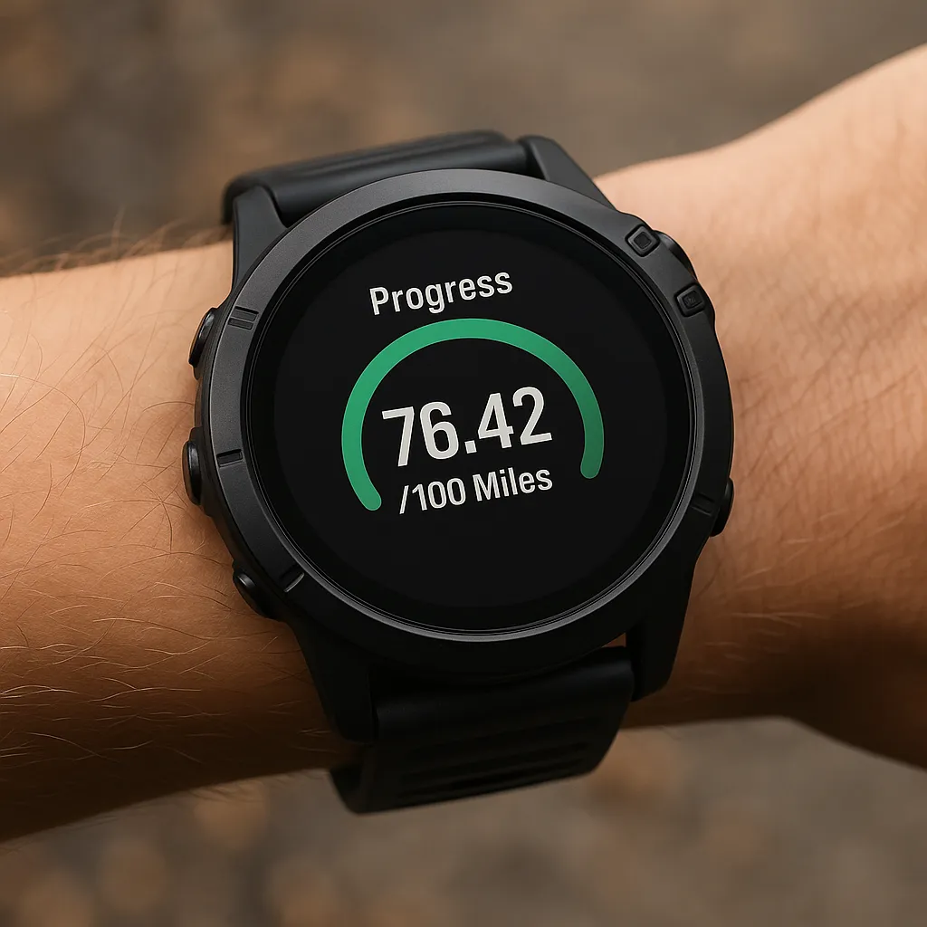 GPS fitness watch or app showing progress toward 100 miles