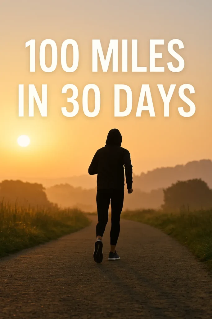 Person walking or running along a trail with a sunrise in the background — overlay text-100 Miles in 30 Days