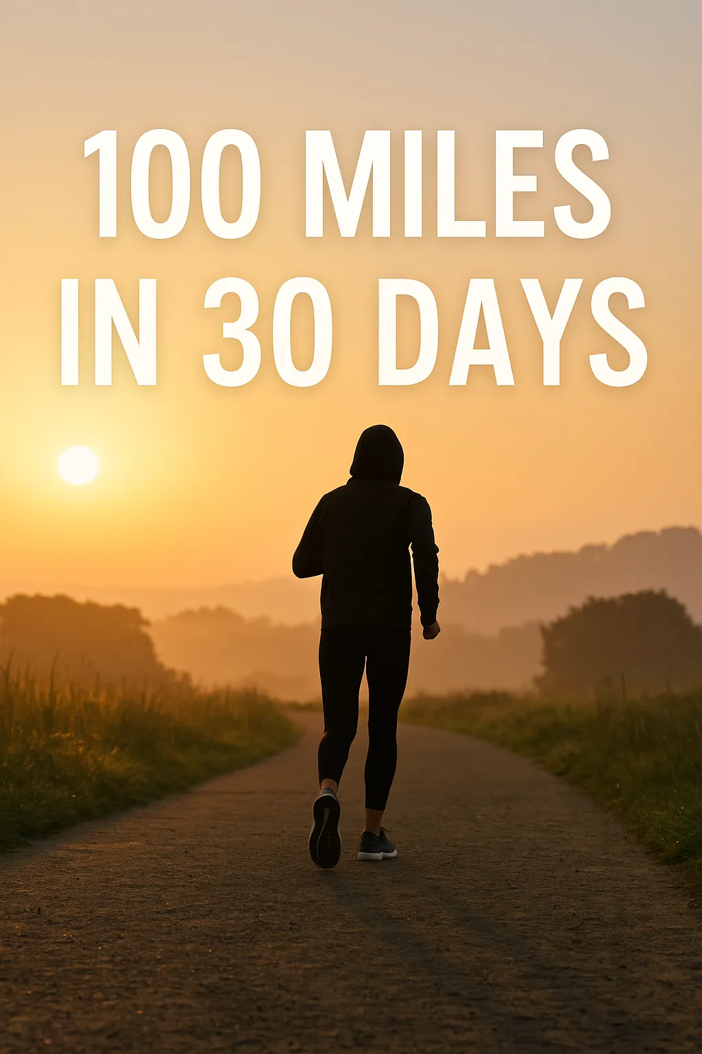 Person walking or running along a trail with a sunrise in the background — overlay text-100 Miles in 30 Days
