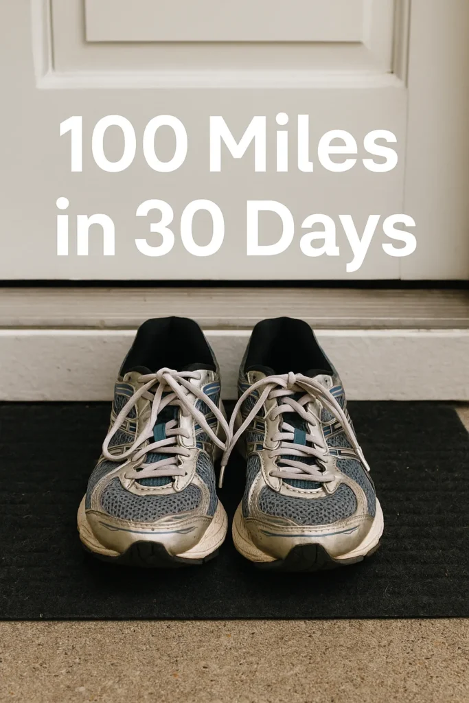 Pair of worn-in running shoes on a doorstep or resting after a long session