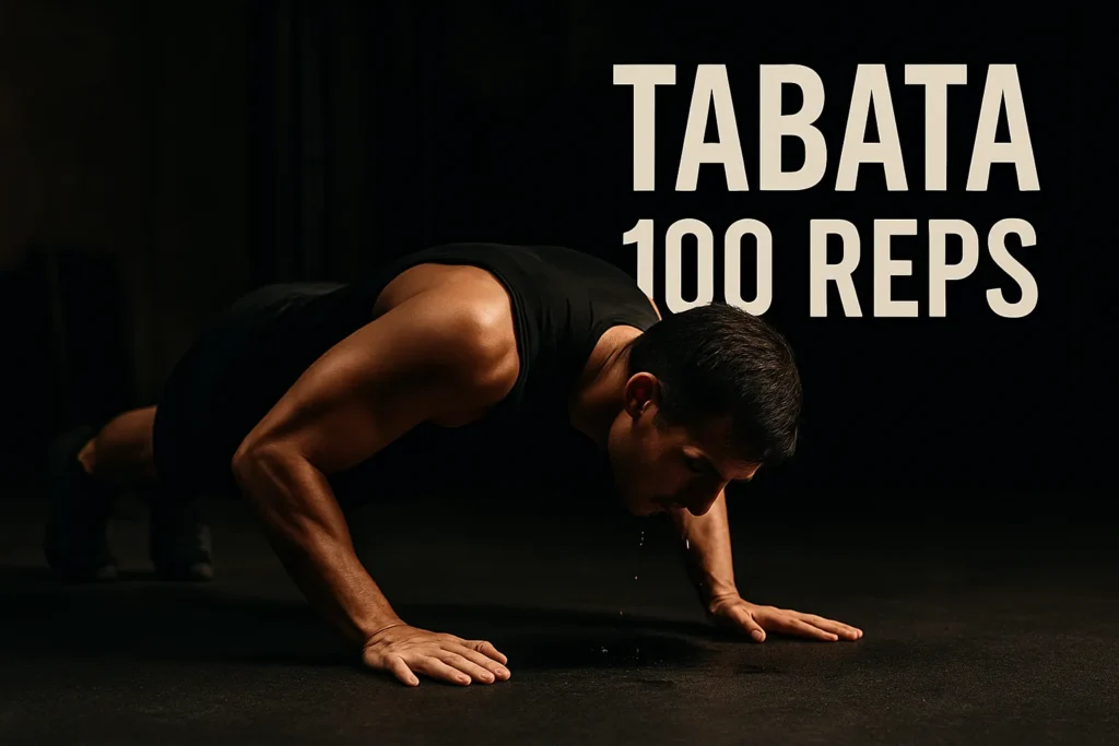 Athlete performing a burpee in a gym with low lighting text overlay-Tabata 100 Reps