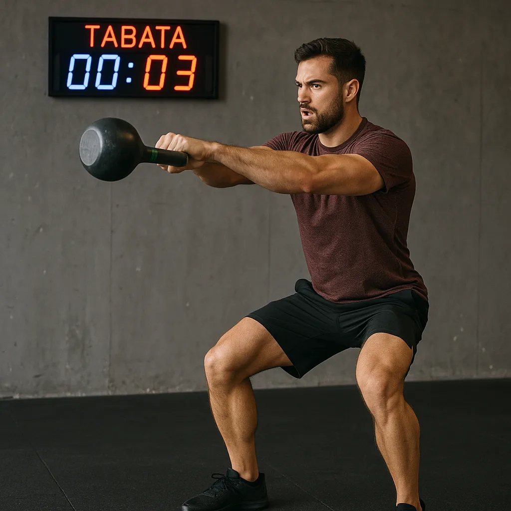 Athlete doing kettlebell swings in final seconds of a Tabata round