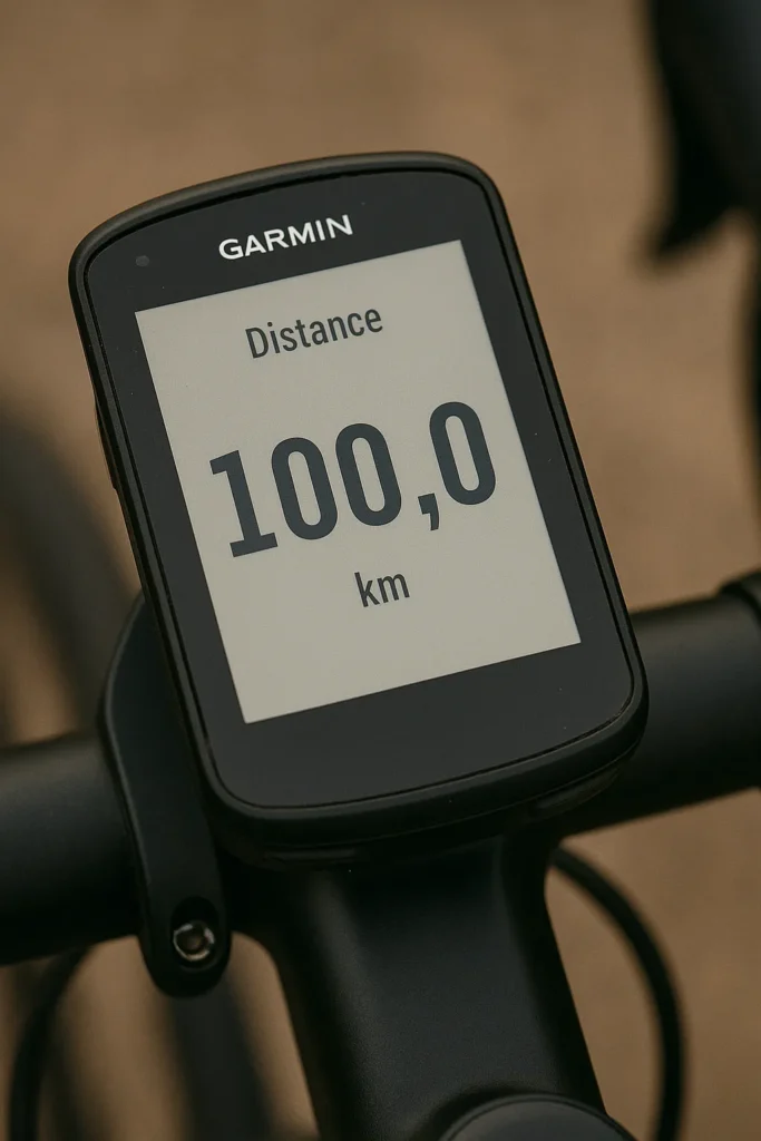 Close-up of bike computer showing 100km distance
