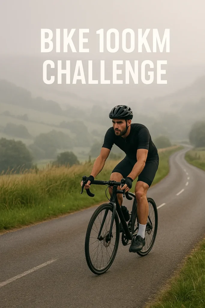 Cyclist on a country road with misty hills in the distance overlay text-Bike 100km Challenge