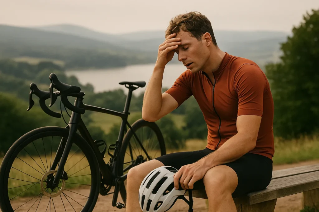 Cyclist resting at a scenic stop point, helmet off, catching breath