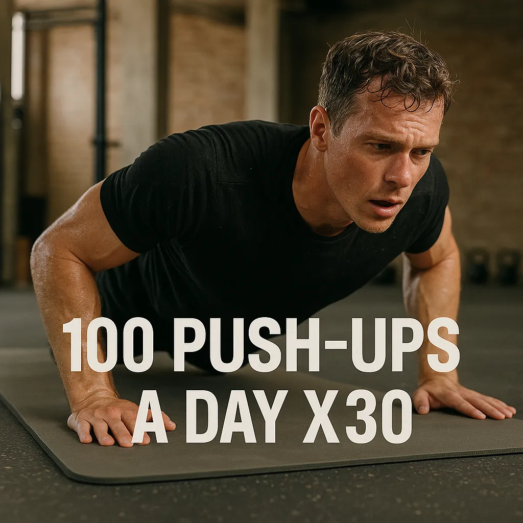 Athlete mid-push-up on a gym mat, sweat visible, focused expression — overlay text-100 Push-Ups a Day x30