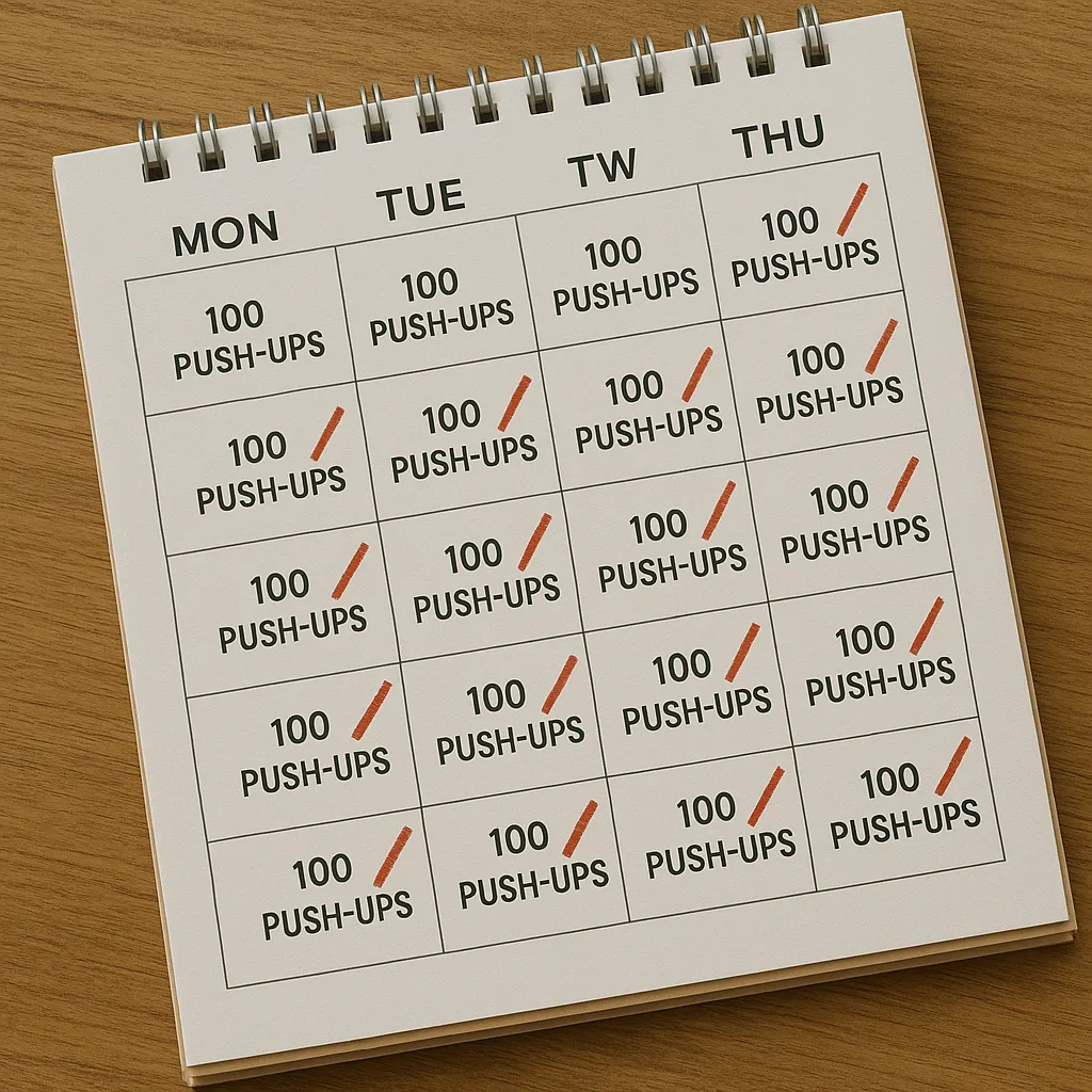 Calendar marked with daily push-up targets or ticks