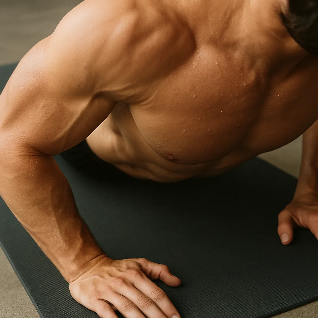 Close-up of arms and chest mid-push-up, highlighting muscle engagement