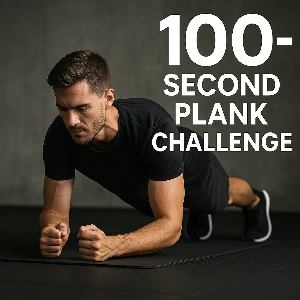 Athlete holding a perfect forearm plank position in a minimalist gym — overlay text-100-Second Plank Challenge