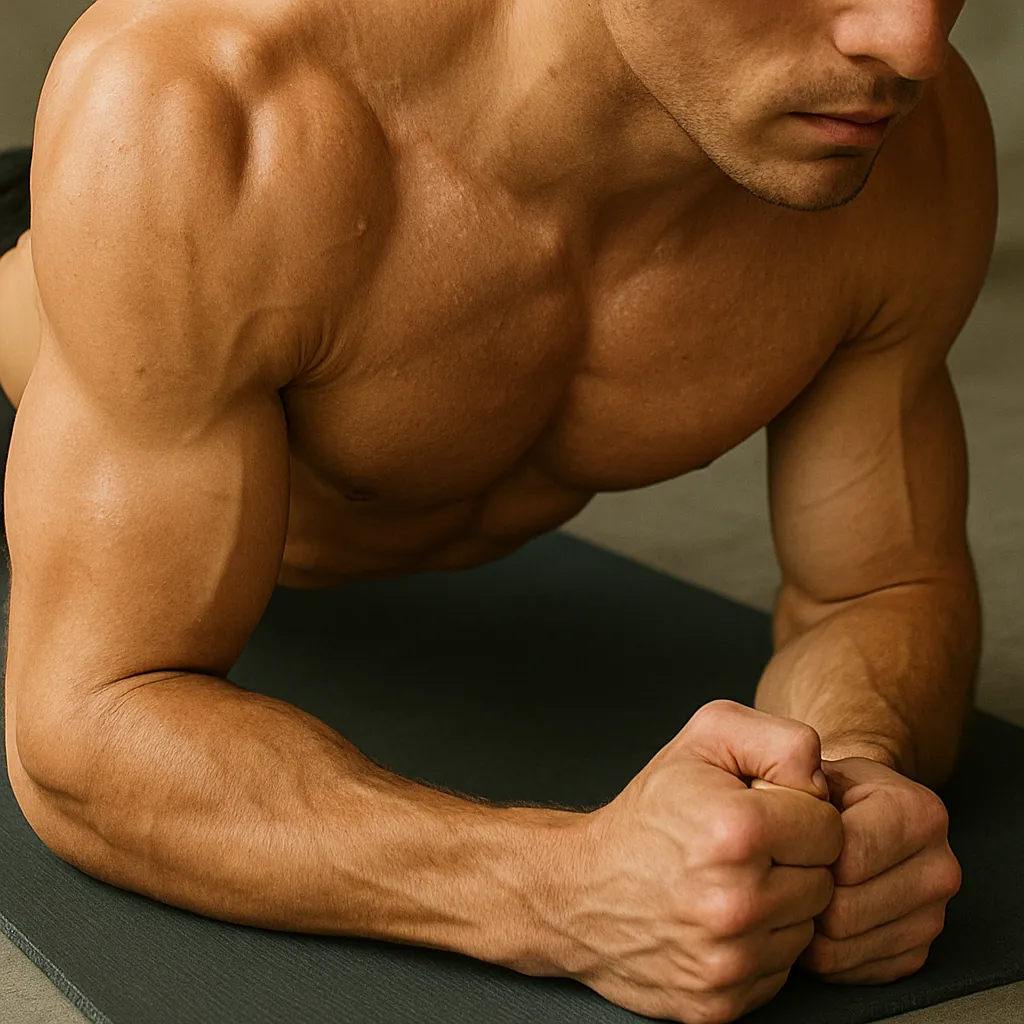 Close-up of abs and shoulders during a plank hold