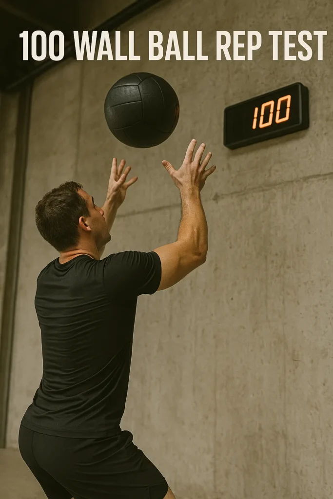 Athlete completing a wall ball throw in a gym with automated rep counter on the wall overlay text-100 Wall Ball Rep Test