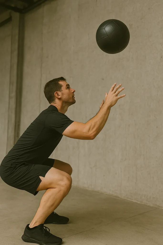 Side view of wall ball throw with knees bent, ball mid-air