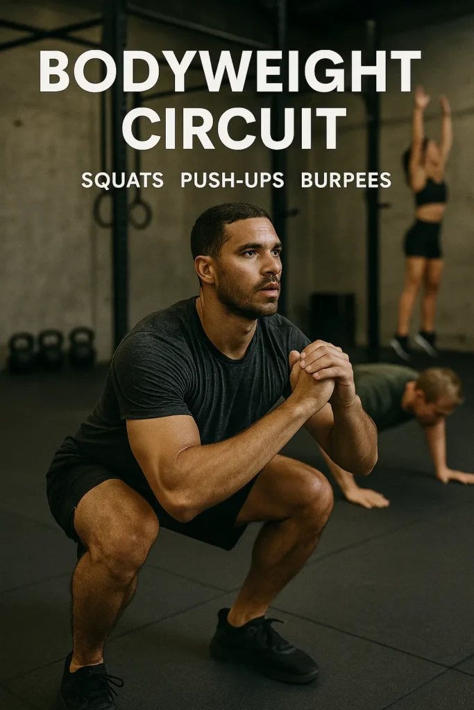 Athlete completing a bodyweight circuit, including squats, push-ups, and burpees