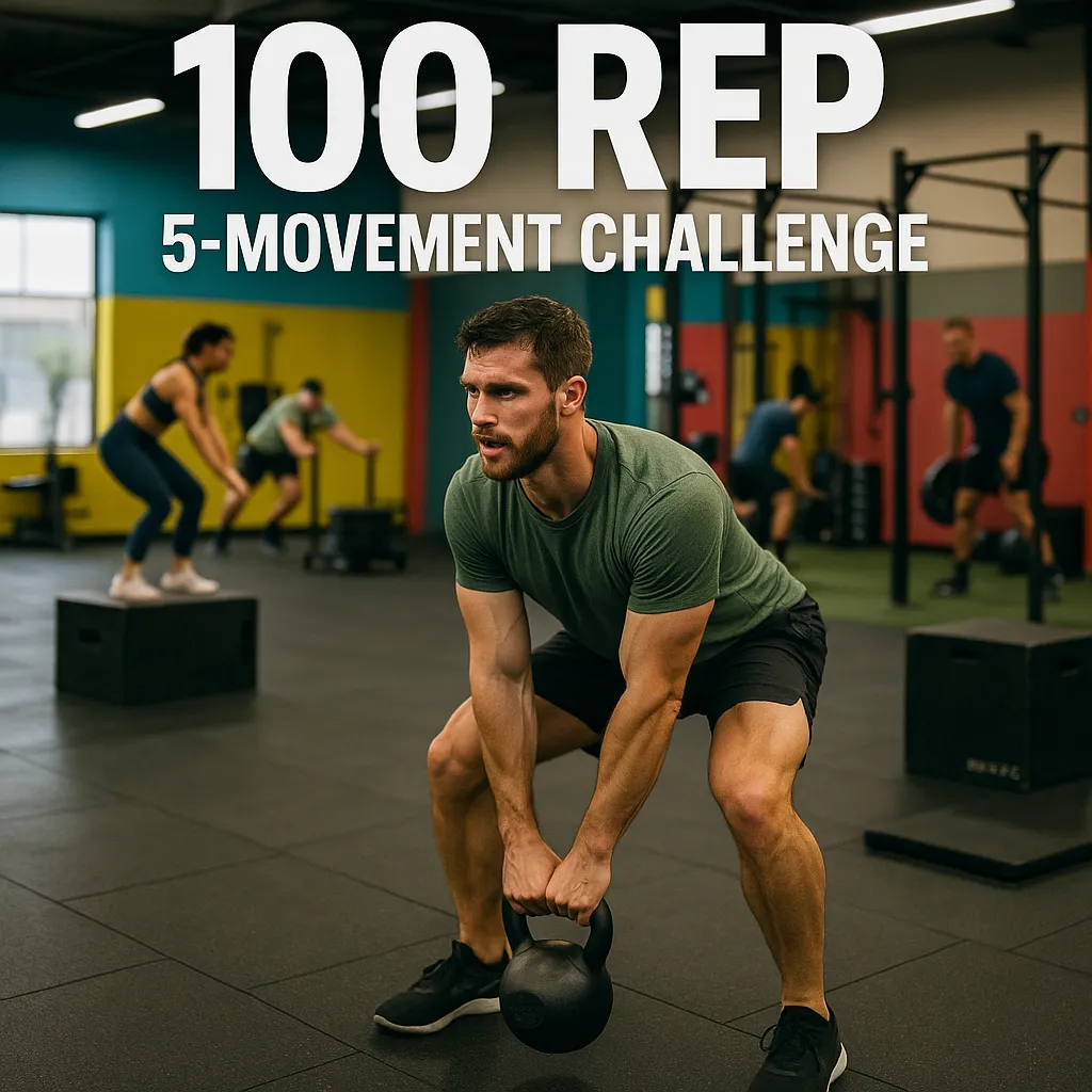 Athlete performing 5 exercises in a gym circuit setup — overlay text- “100 Rep 5-Movement Challenge”