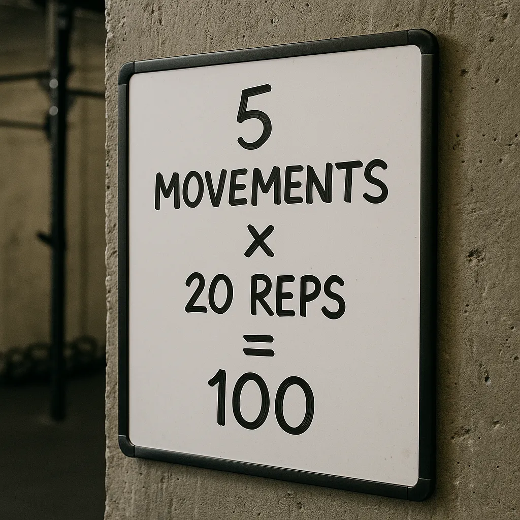 Whiteboard in gritty gym showing 5 movements x 20 reps equals 100