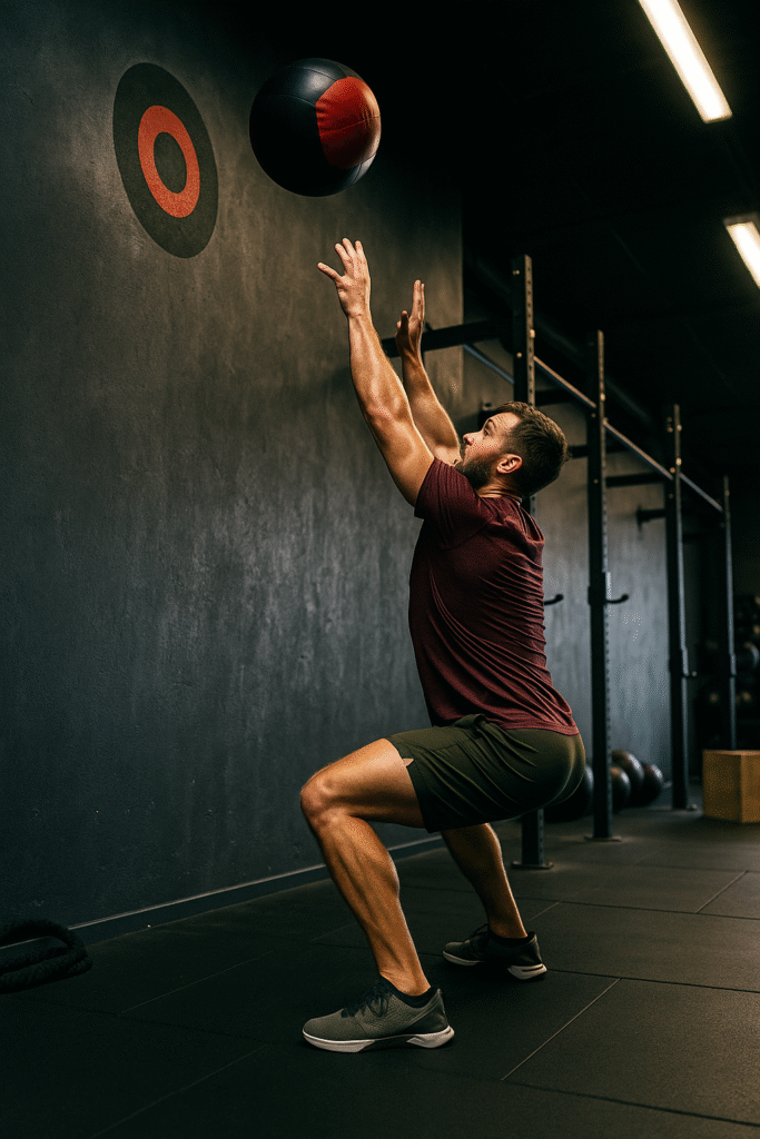 Athlete performing a wall ball throw in a modern gym, ball mid-air hitting target, dynamic lighting