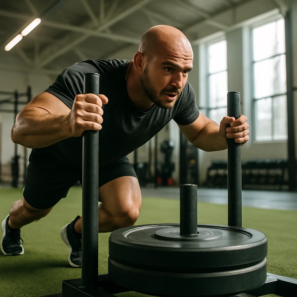 Athlete driving a weighted sled across turf in bright facility, low stance, powerful leg drive