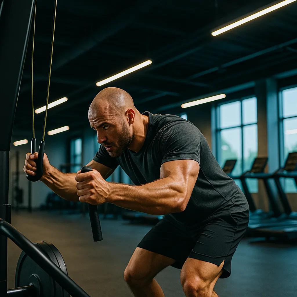 Athlete pulling SkiErg handles in strong hip hinge modern gym cardio zone lighting