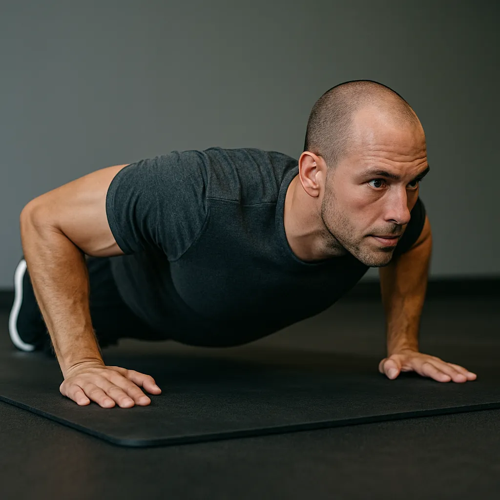 Athlete in perfect push-up position on gym mat; crisp lighting; minimal background