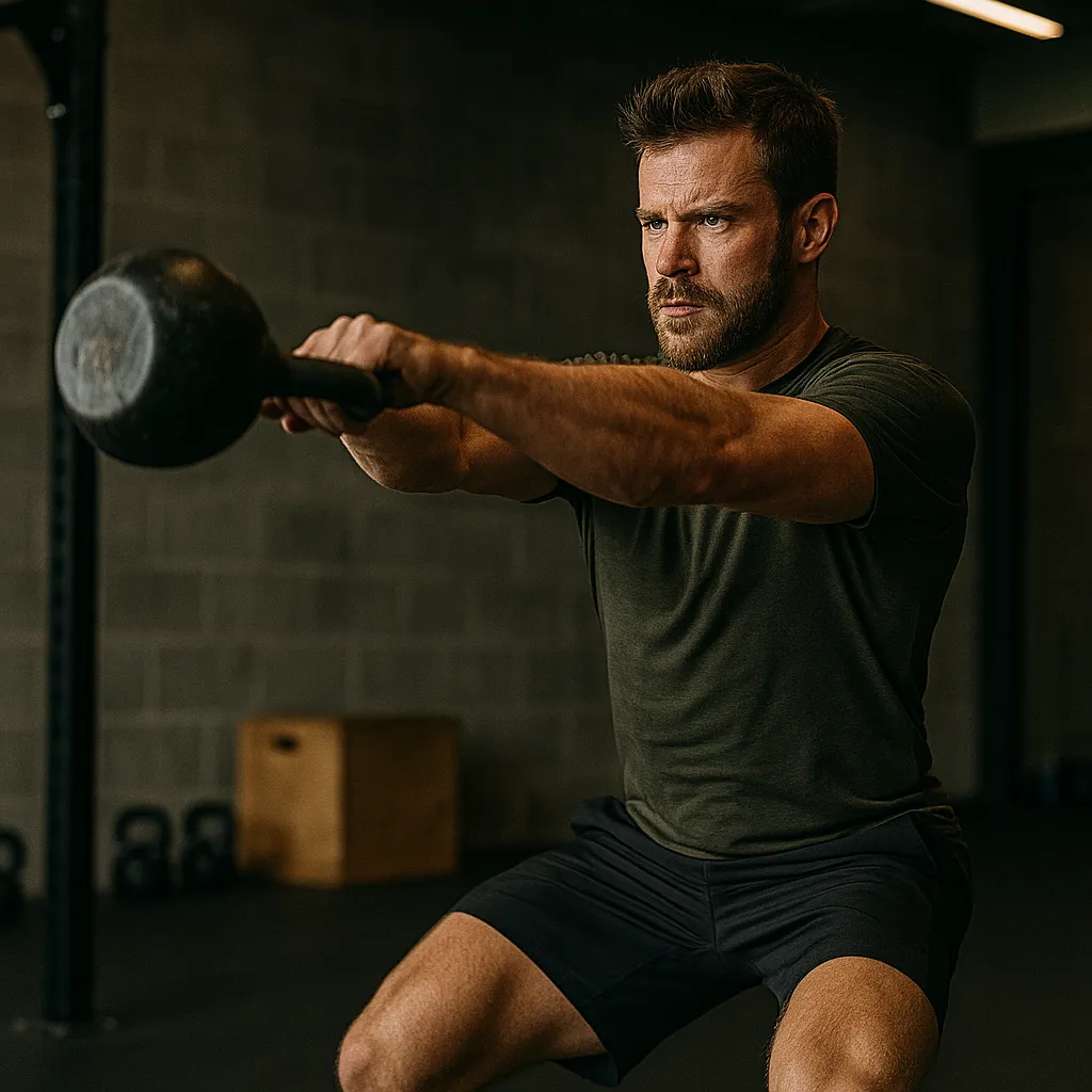 Athlete performing powerful kettlebell swing in functional gym setting
