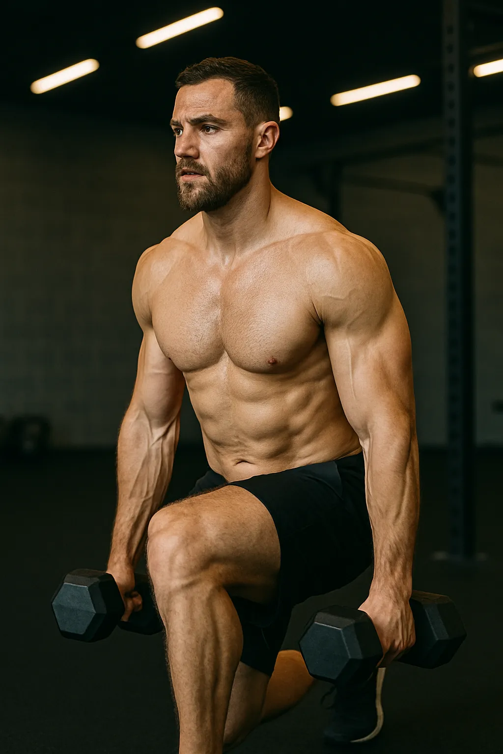 Athlete holding dumbbells, mid-lunge in gym, strong leg focus