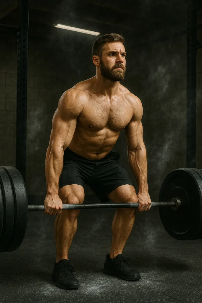 Male athlete performing heavy barbell deadlift in gritty gym, chalk dust in air
