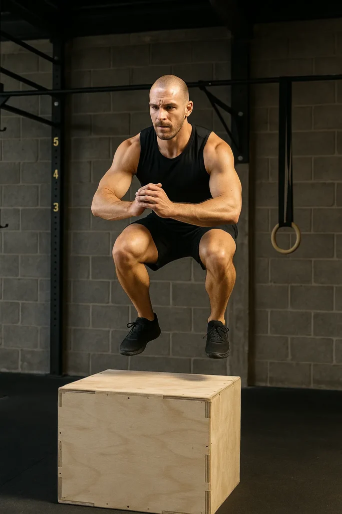 Athlete mid-air during box jump in a CrossFit-style gym