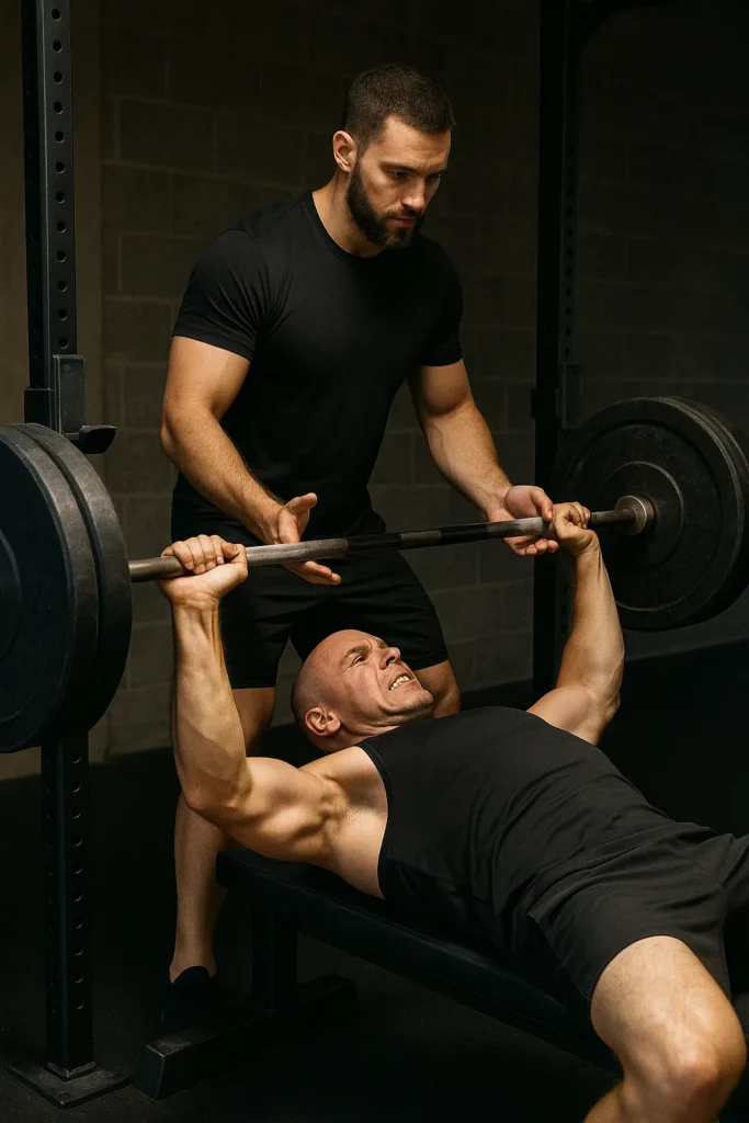 Athlete bench pressing heavy barbell with spotter nearby in strength gym