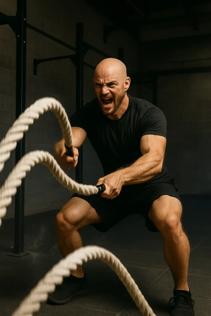 Athlete slamming battle ropes in functional training zone, intensity visible